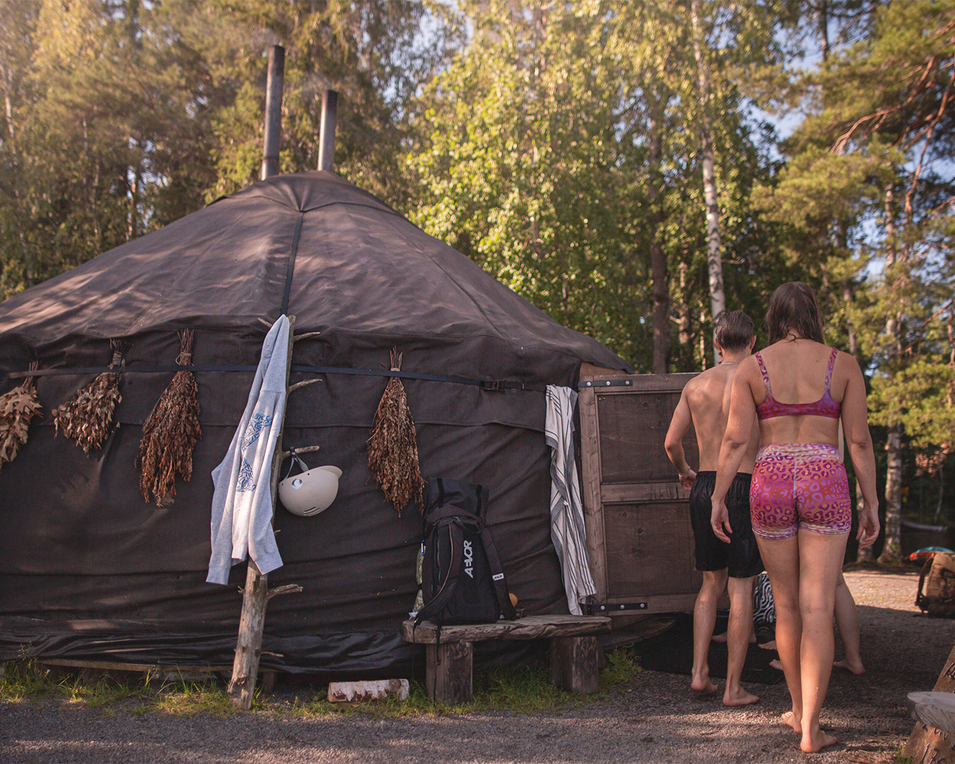 Traditional sauna ritual in yurt sauna